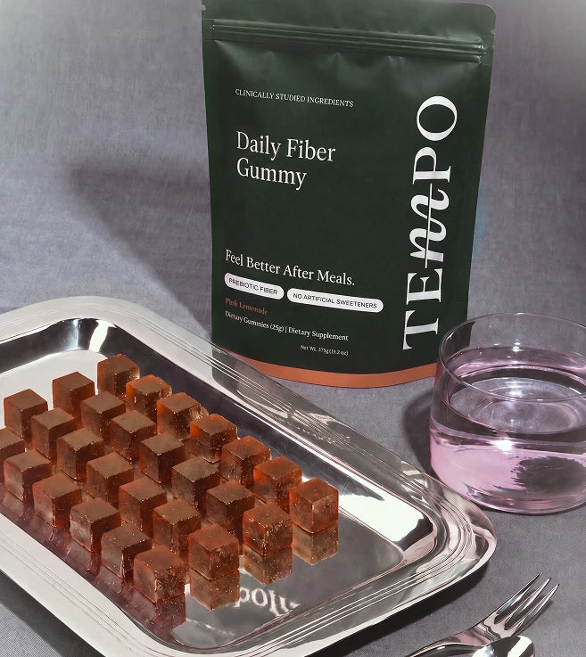 Tempo pouch beside a tray of gummies